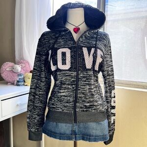Zip up ‘LOVE’ fur lined charcoal grey and black y2k style hoodie size XS